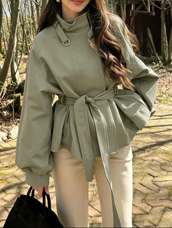 Jackets & Blazers - Autumn/Winter Grey-Green Stand Collar Waist-Cinching Tie-Front Mid-Length Jacket